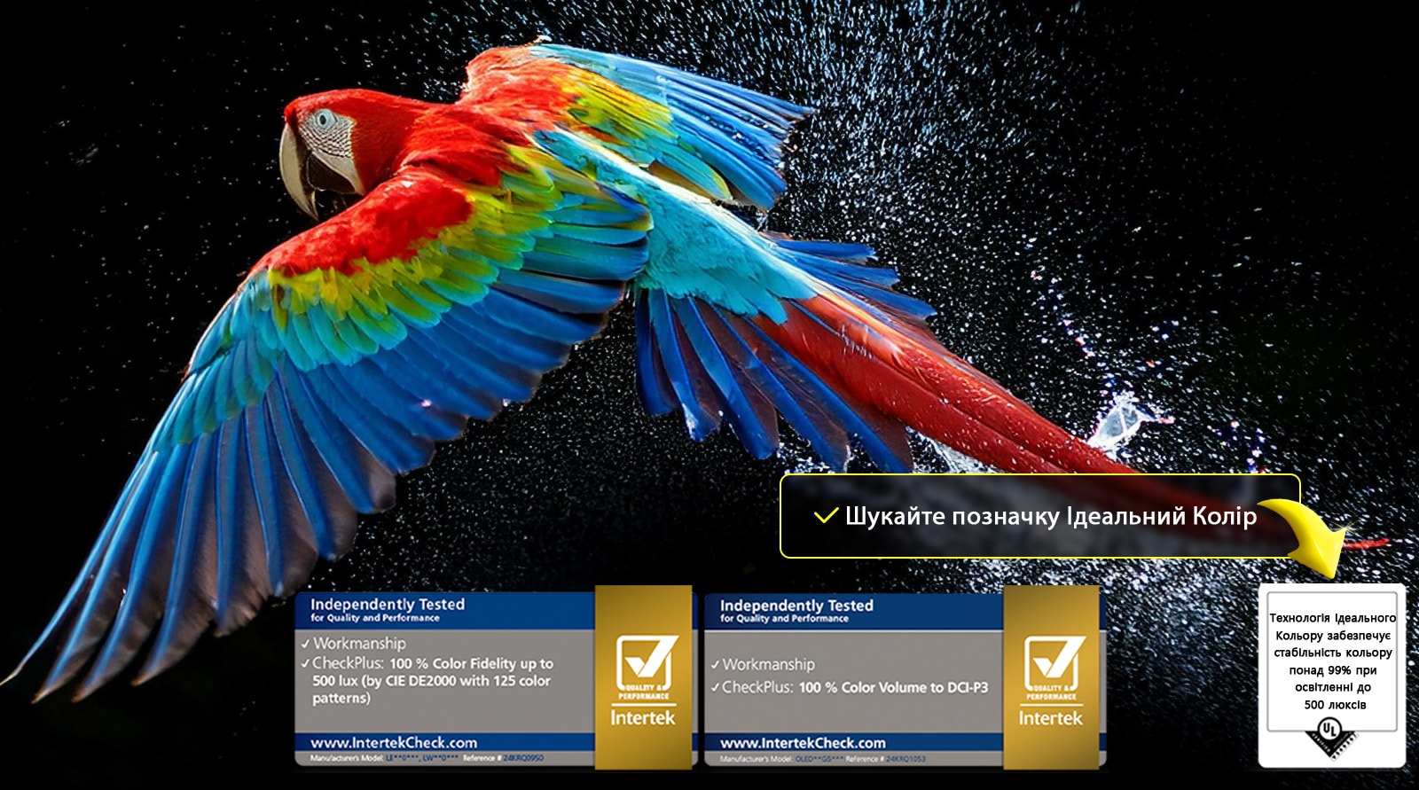 Яскравий папуга в ультра-високій роздільній здатності на чорному фоні. Краплі води підвішені в повітрі навколо нього. Зображення демонструє технологію Perfect Color, де кожен відтінок на тілі папуги яскравий і насичений. Видно різні сертифікаційні логотипи від UL та Intertek, що підтверджують 100% Точність передачі кольору  та 100% Об'єму кольору. Також видно текст із позначкою сертифікації Ідеальний Колір.