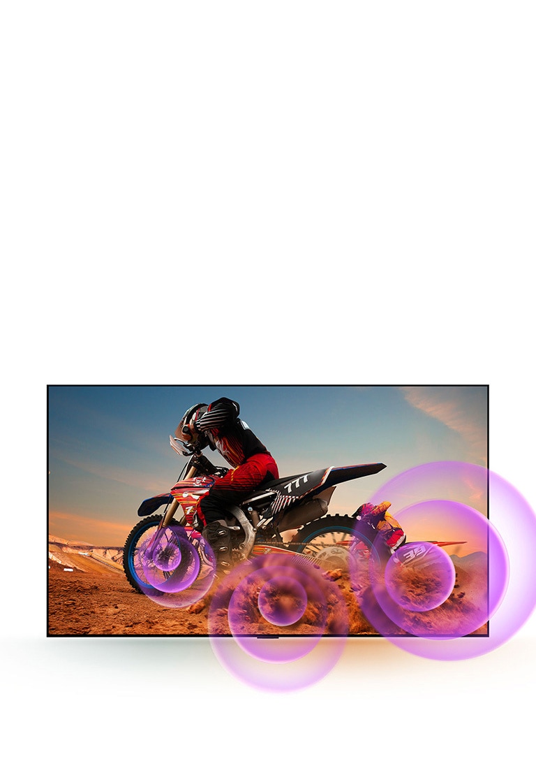 LG OLED TV відображає чоловіка на мотоциклі з фіолетовими абстрактними колами, що виходять з-під керма для візуалізації звукової емісії.