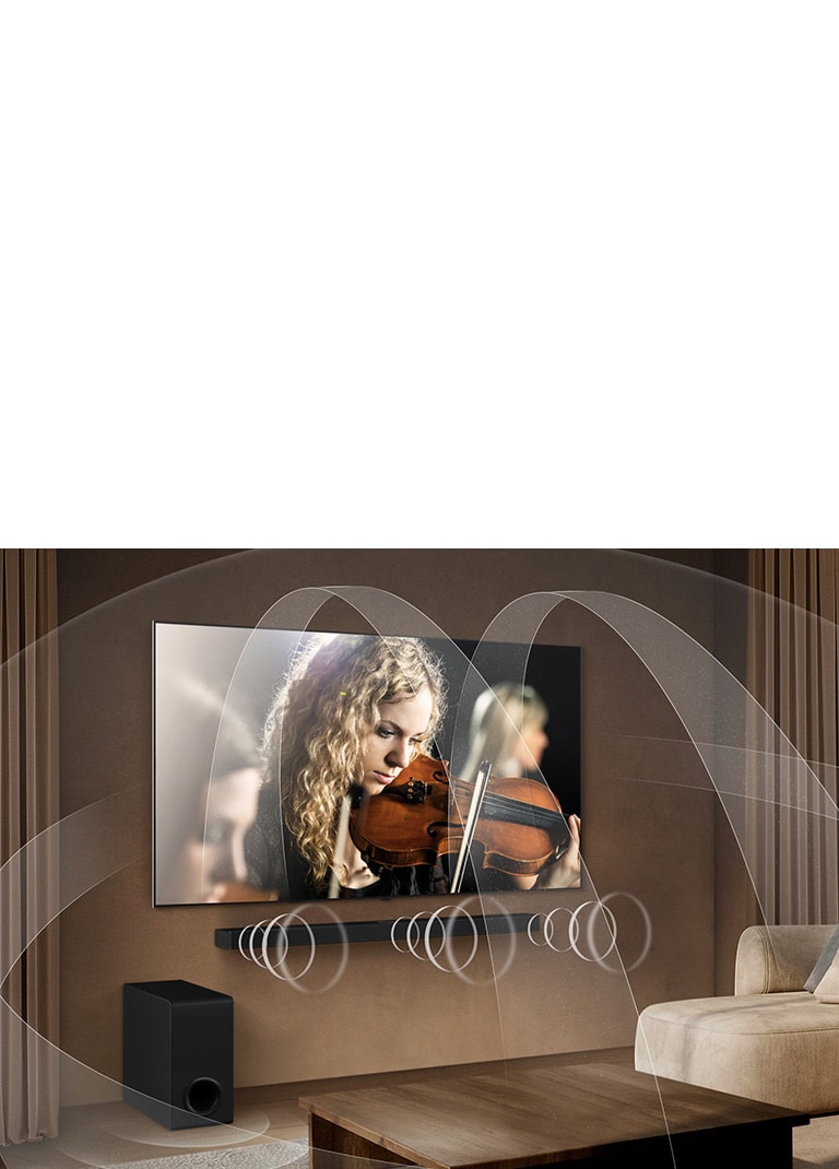 Вітальня з телевізором LG OLED і саундбаром LG, доповнена графікою, що демонструє, як обидва пристрої наповнюють простір багатоканальним об'ємним звуком.