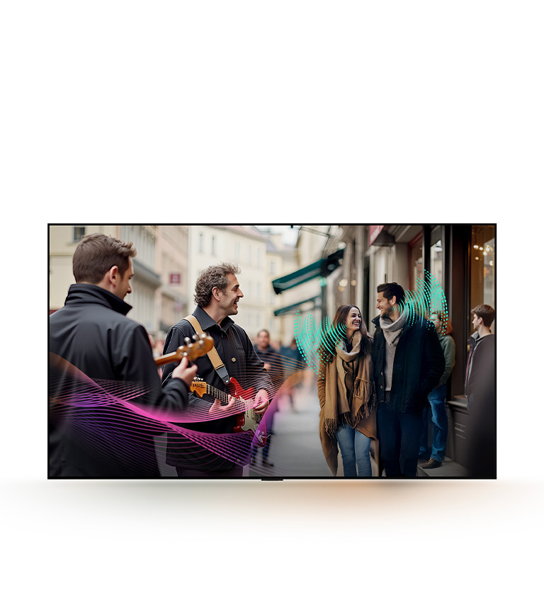 Жвава вулиця, наповнена людьми. Пара йде й розмовляє. Кілька вуличних виконавців грають на гітарі. Абстрактні звукові хвилі, що йдуть від гітаристів і пари, представляють, як кожен елемент звуку можна чітко почути за допомогою AI Object Remastering. 