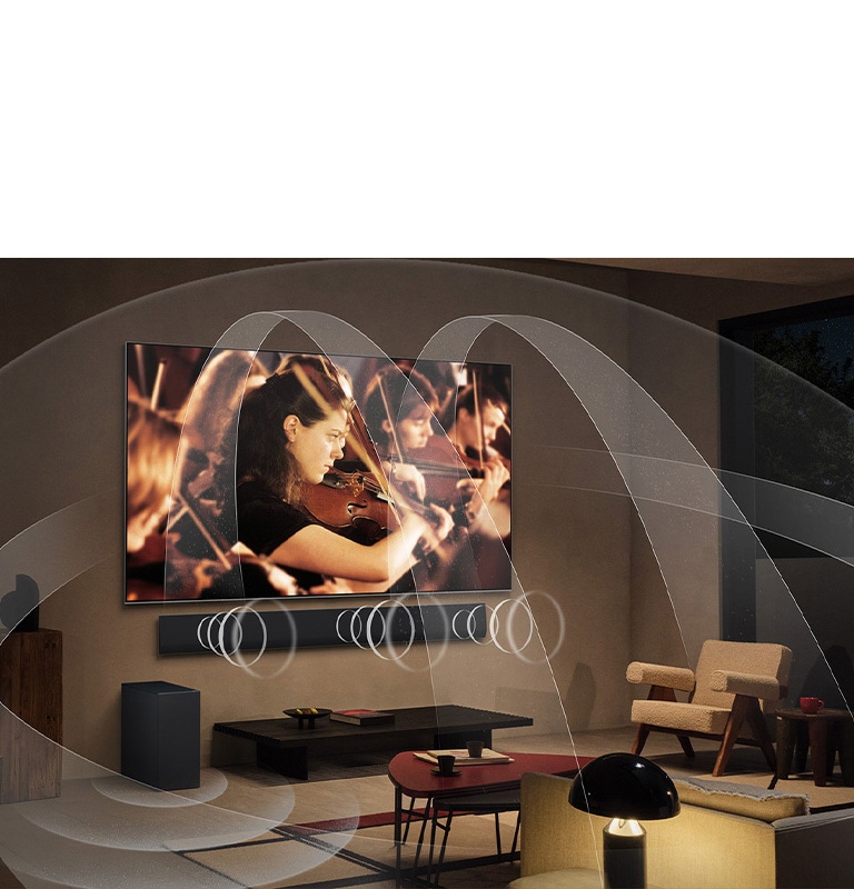 Вітальня з телевізором LG OLED і саундбаром LG, доповнена графікою, що демонструє, як обидва пристрої наповнюють простір багатоканальним об'ємним звуком.