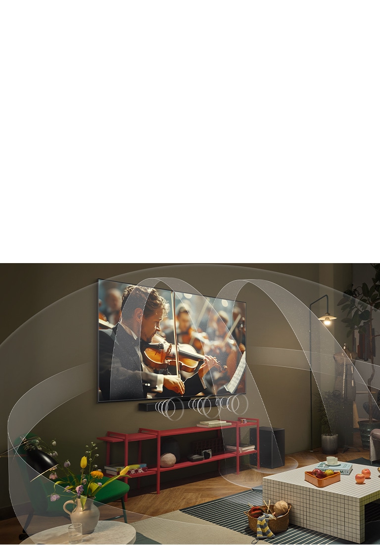 Вітальня з телевізором LG OLED і саундбаром LG, доповнена графікою, що демонструє, як обидва пристрої наповнюють простір багатоканальним об'ємним звуком.