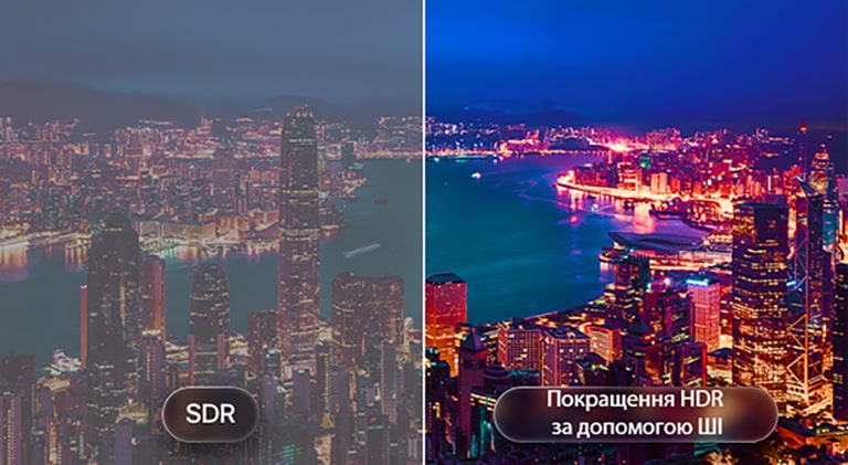 LG OLED AI B6 with AI HDR Remastering is shown in a split cityscape comparison, with SDR on the left and AI HDR Remastering on the right, displaying brighter city lights, deeper contrast, and more vivid detail across the scene. 
