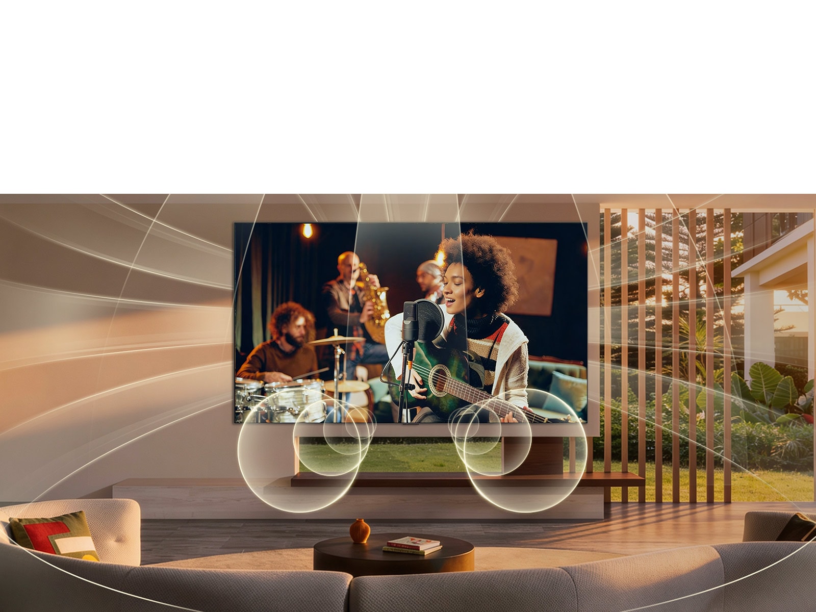 LG OLED AI B6 з віртуальними 11.1.2 каналами наповнює вітальню під час живого музичного виступу на екрані, забезпечуючи багатонаправлений звук, який оточує кімнату та посилює занурення в усьому просторі.