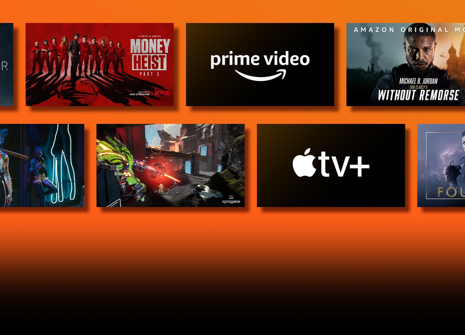 There are logos of streaming service platforms and matching footages right next to each logo. Netflix logo and money heist and the Witcher. Prime Video logo and Without Remorse and The Wheel of Time. NVIDIA Geforce Now logo and gameplay images of Cyberpunk 2077 and Splitgate. Apple TV plus logo and Foundation and Finch. 