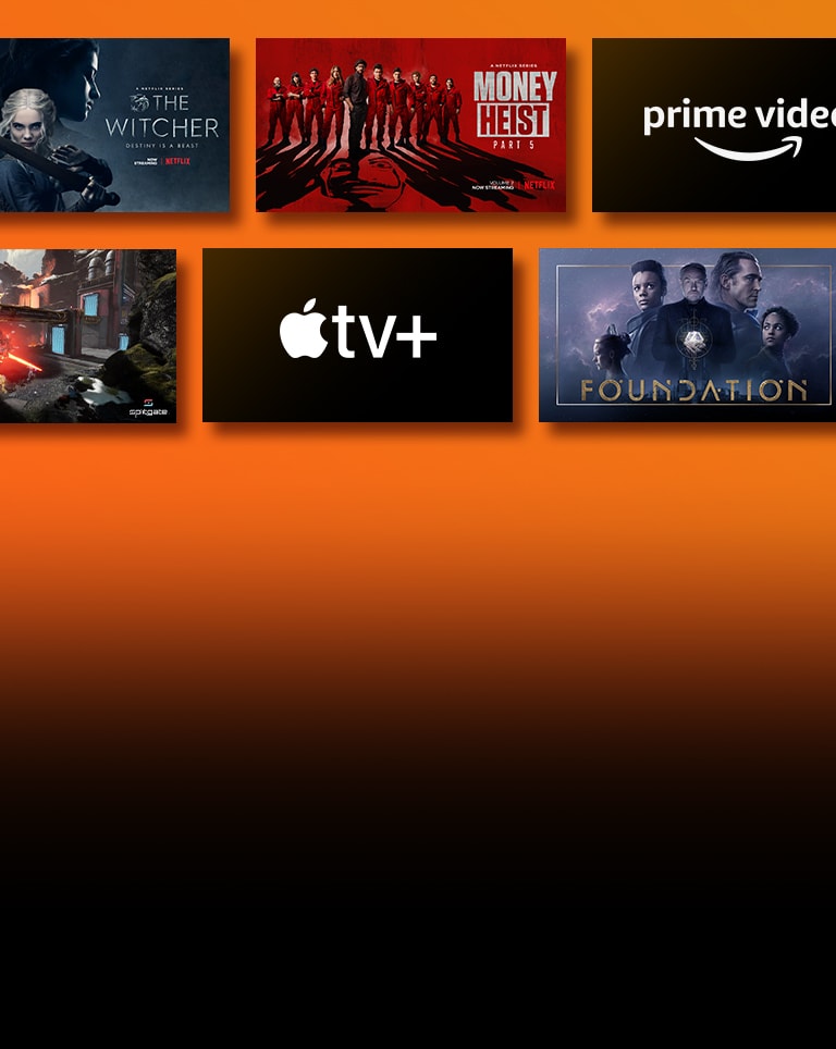 There are logos of streaming service platforms and matching footages right next to each logo. Netflix logo and money heist and the Witcher. Prime Video logo and Without Remorse and The Wheel of Time. NVIDIA Geforce Now logo and gameplay images of Cyberpunk 2077 and Splitgate. Apple TV plus logo and Foundation and Finch. 