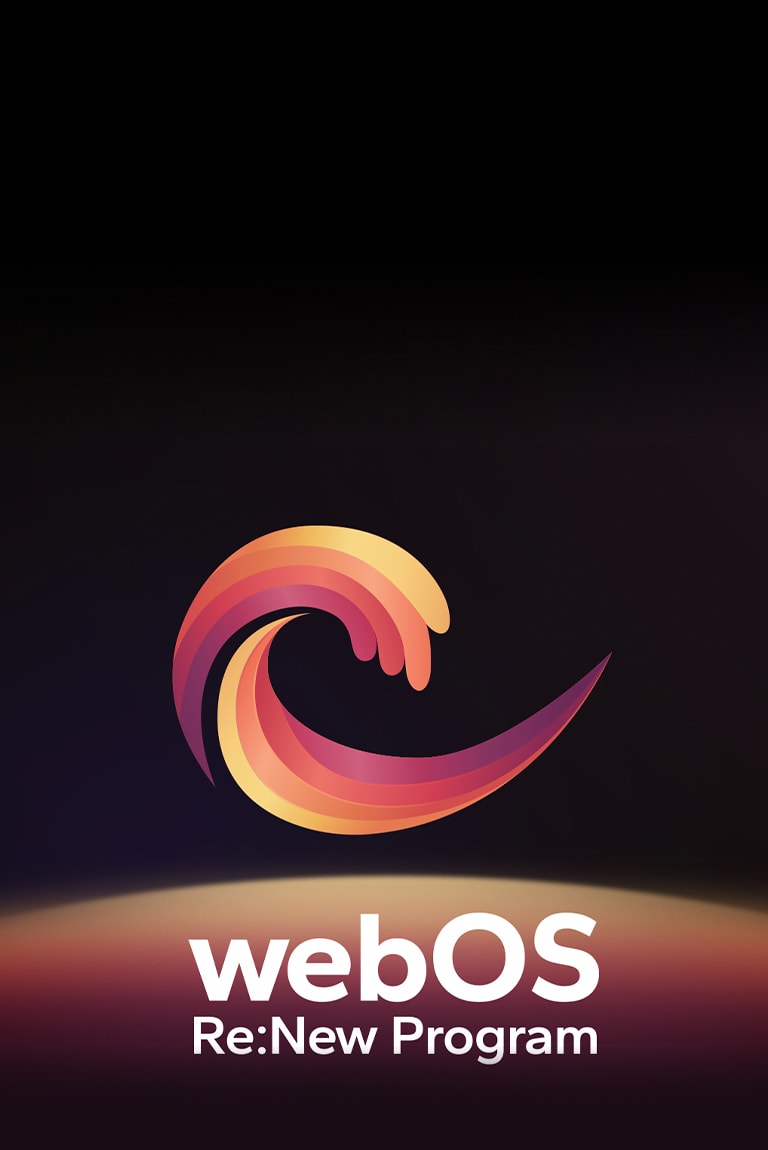 Логотип програми webOS Re:New Program розташовано на чорному тлі з круглою сферою внизу в жовтому, помаранчевому та фіолетовому кольорах.