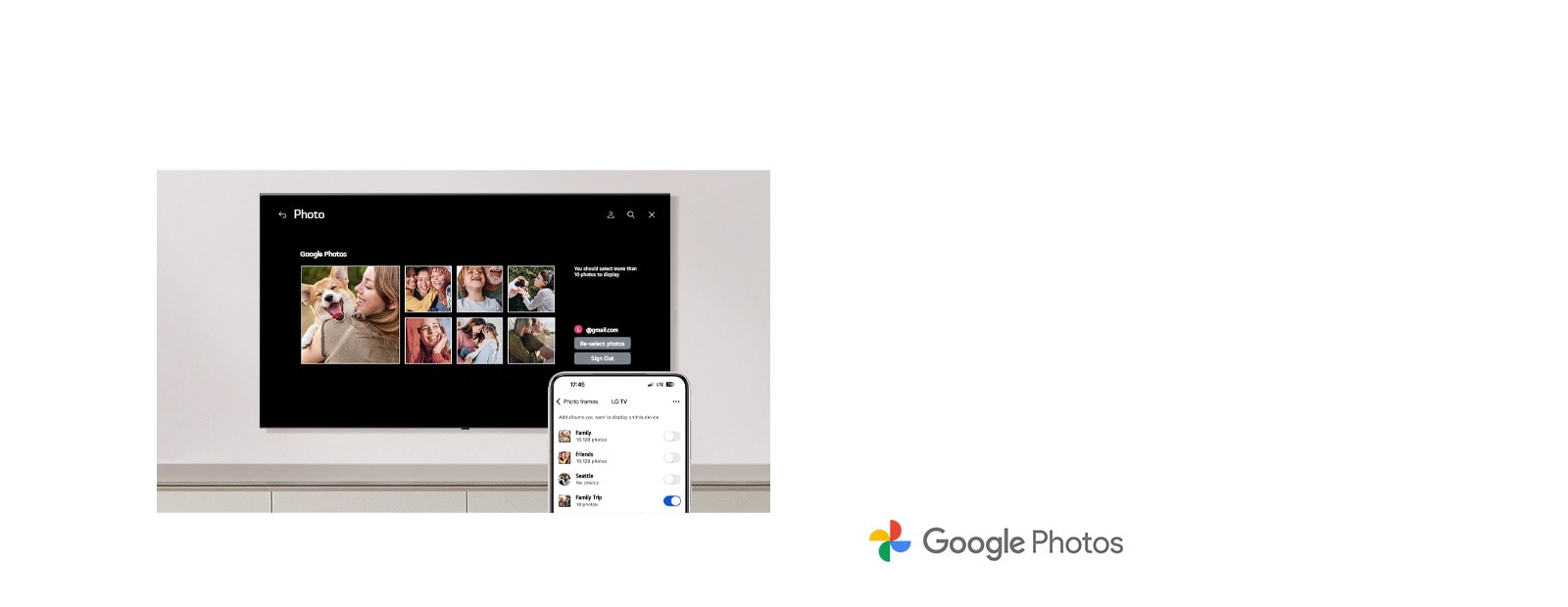 Зручно підключайте свій обліковий запис Google Фото до телевізора за допомогою телефона. Легко персоналізуйте свій простір, використовуючи контент із власної фотогалереї.