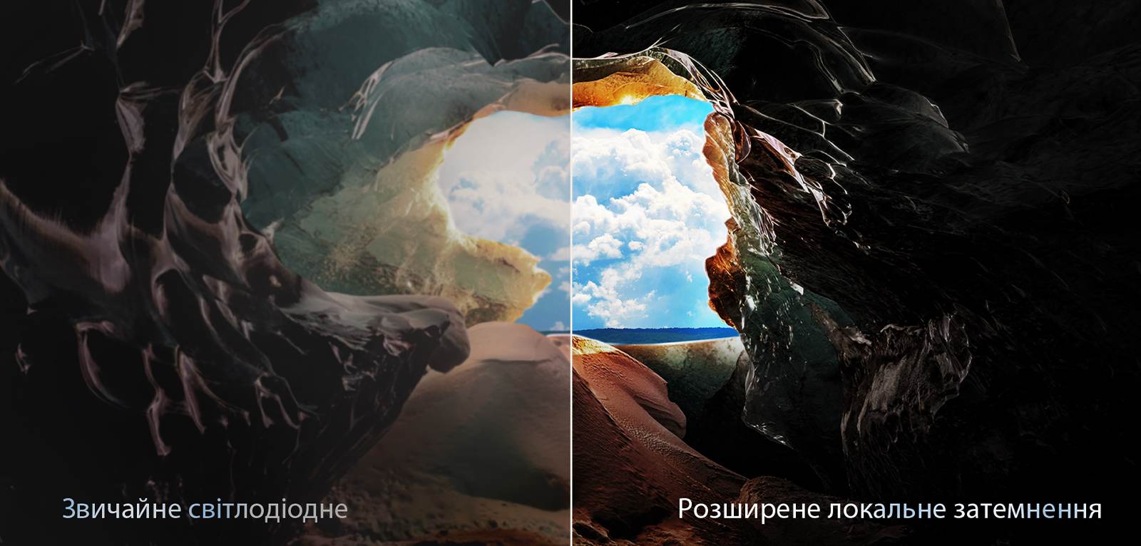 Перспектива зсередини печери, яка дивиться на її вхід, де видно блакитне небо та горизонт. Усю сцену поділено навпіл, щоб показати можливості розширеного локального затемнення QNED. З одного боку кольори та деталі розмиті, а зображення здається брудним. На етикетці написано «Звичайний світлодіод». Інша сторона має чудовий чорний колір, кращий контраст, яскравість і колір. На етикетці написано Розширене локальне затемнення.