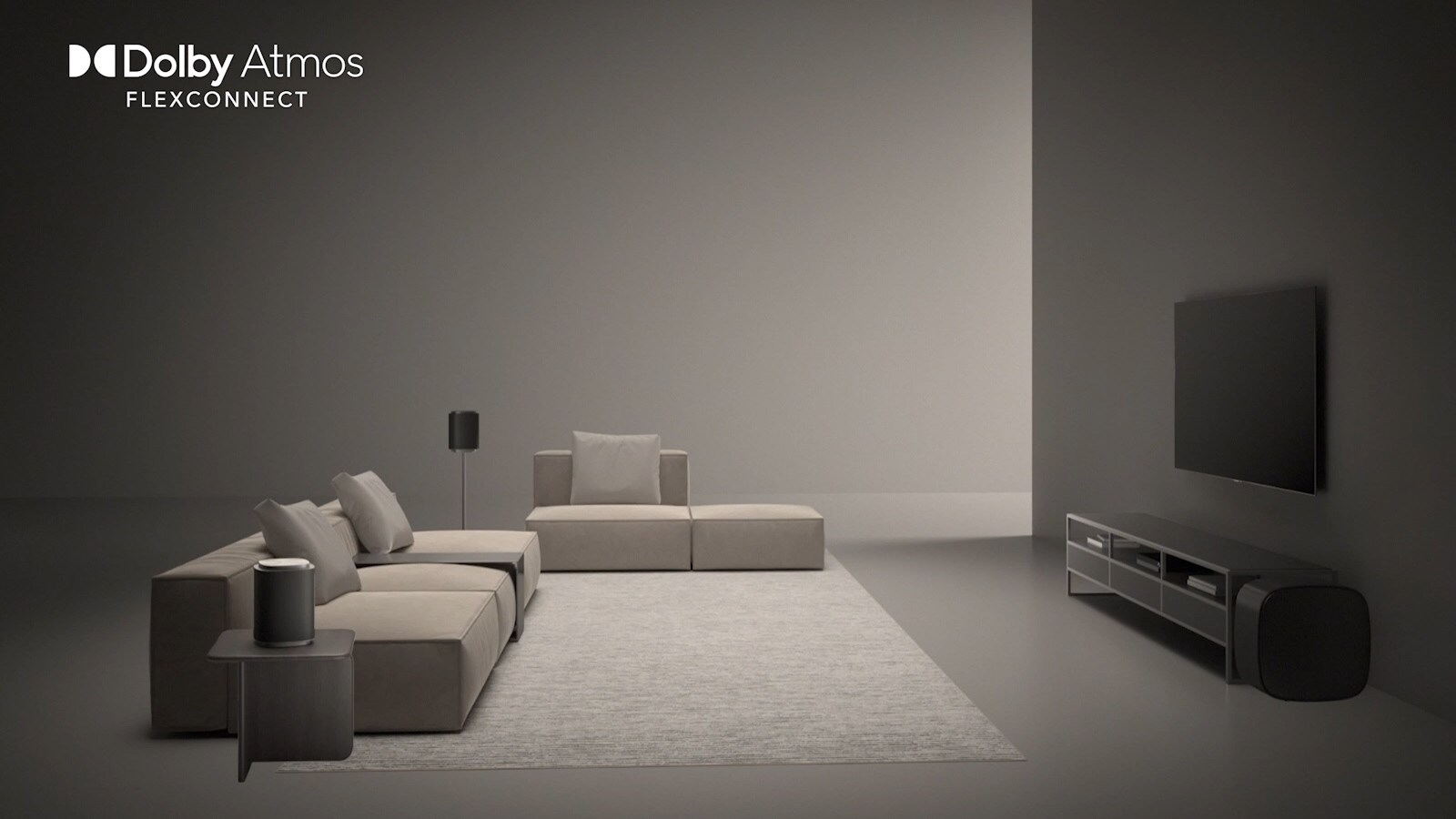 "LG QNED evo AI QNED83 Mini LED із Sound Suite відображає широку кімнату, де телевізор та бездротові динаміки вільно розташовані, передаючи захопливий звук Dolby Atmos, оптимізований для гнучкого розміщення динаміків.	"