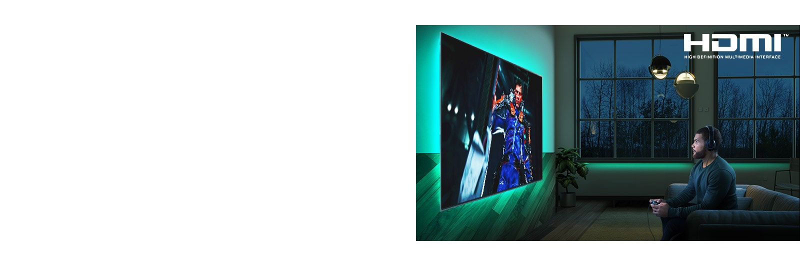 Чоловік сидить на дивані, тримає в руках джойстик і грає в рольову гру, яка відтворюється на екрані телевізора