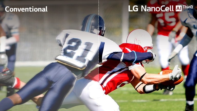 Сцена з футбольного матчу, половина зображення від телевізора LCD/LED з поганою якістю, а інша половина — від телевізора LG NanoCell із зображенням бездоганної якості.