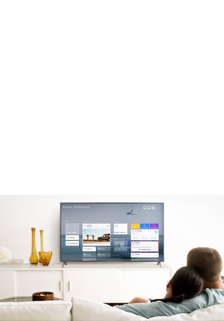 A men and women sitting on a sofa in the living room with the Home Dashboard on the TV screen