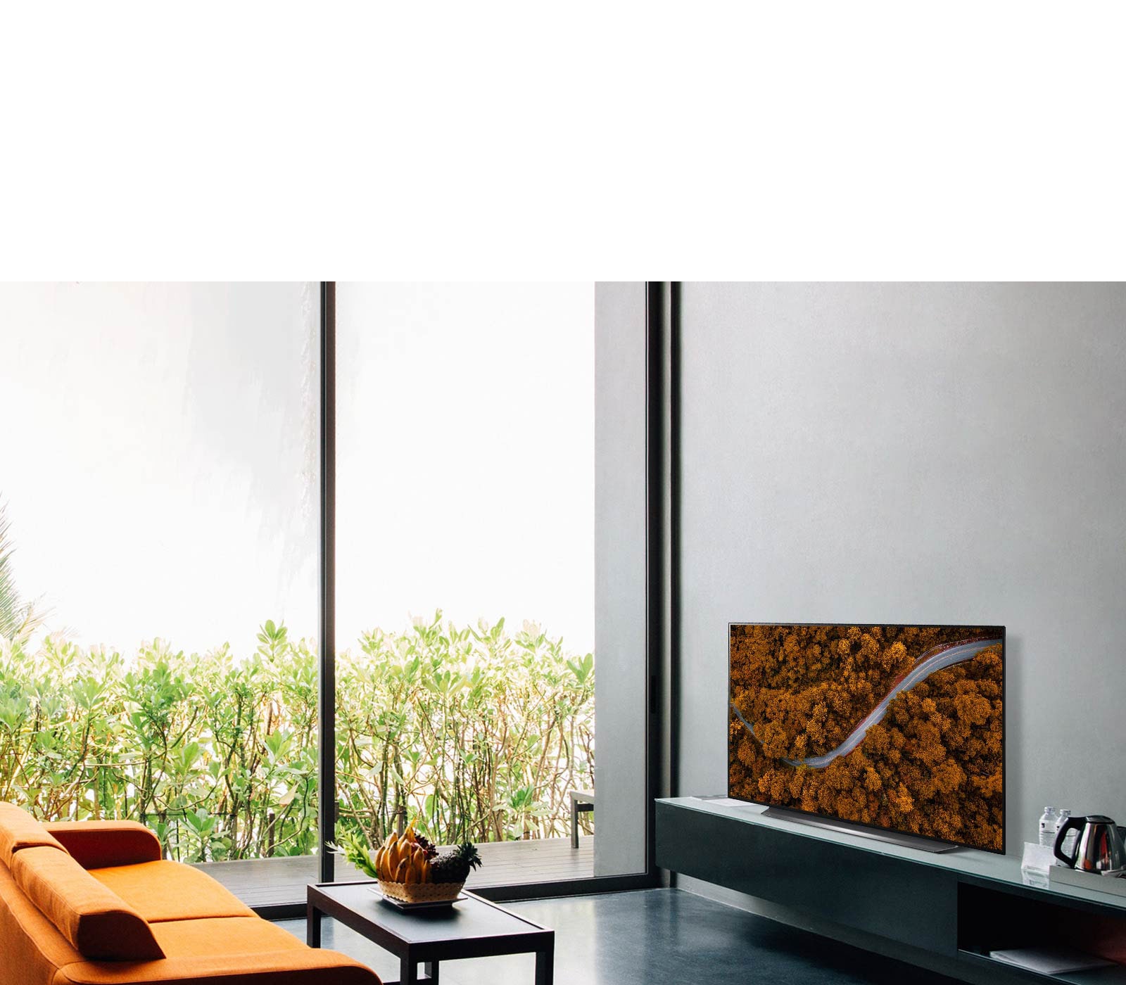 Телевізор, що показує природу з пташиного польоту в розкішному будинку 