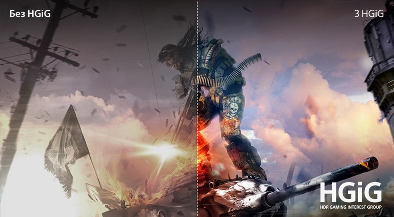 " Ігрова сцена, де одна половина на LCD/LED телевізорі з низькою якістю зображення, а інша половина на телевізорі LG OLED з чіткими, яскравою якістю зображення"