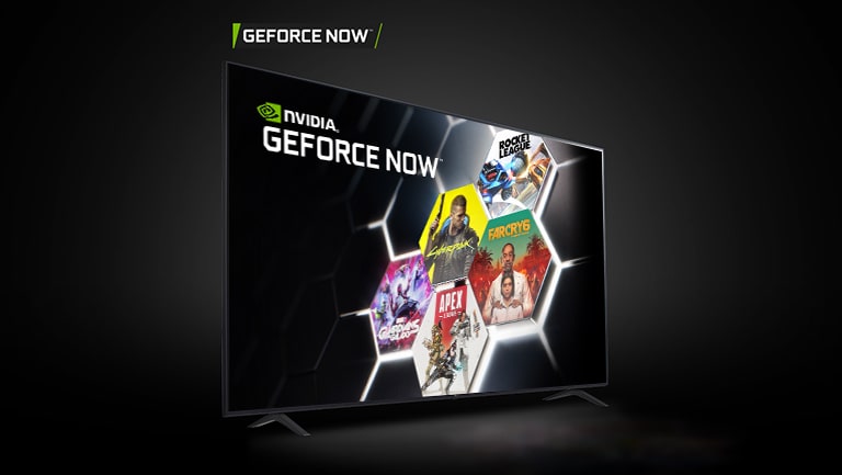 Зображення служб GFORCE NOW і STADIA з шоу й іграми на двох окремих телевізорах LG UHD.