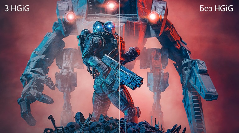 Зображення, на якому зліва не застосовується HGiG, а справа— застосовується, завдяки чому видно різницю.