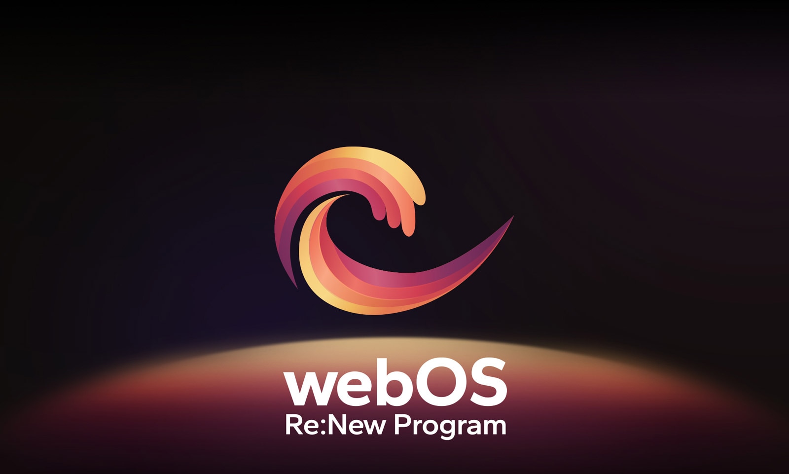 Логотип програми webOS Re:New Program розташовано на чорному тлі з круглою сферою внизу в жовтому, помаранчевому та фіолетовому кольорах. 