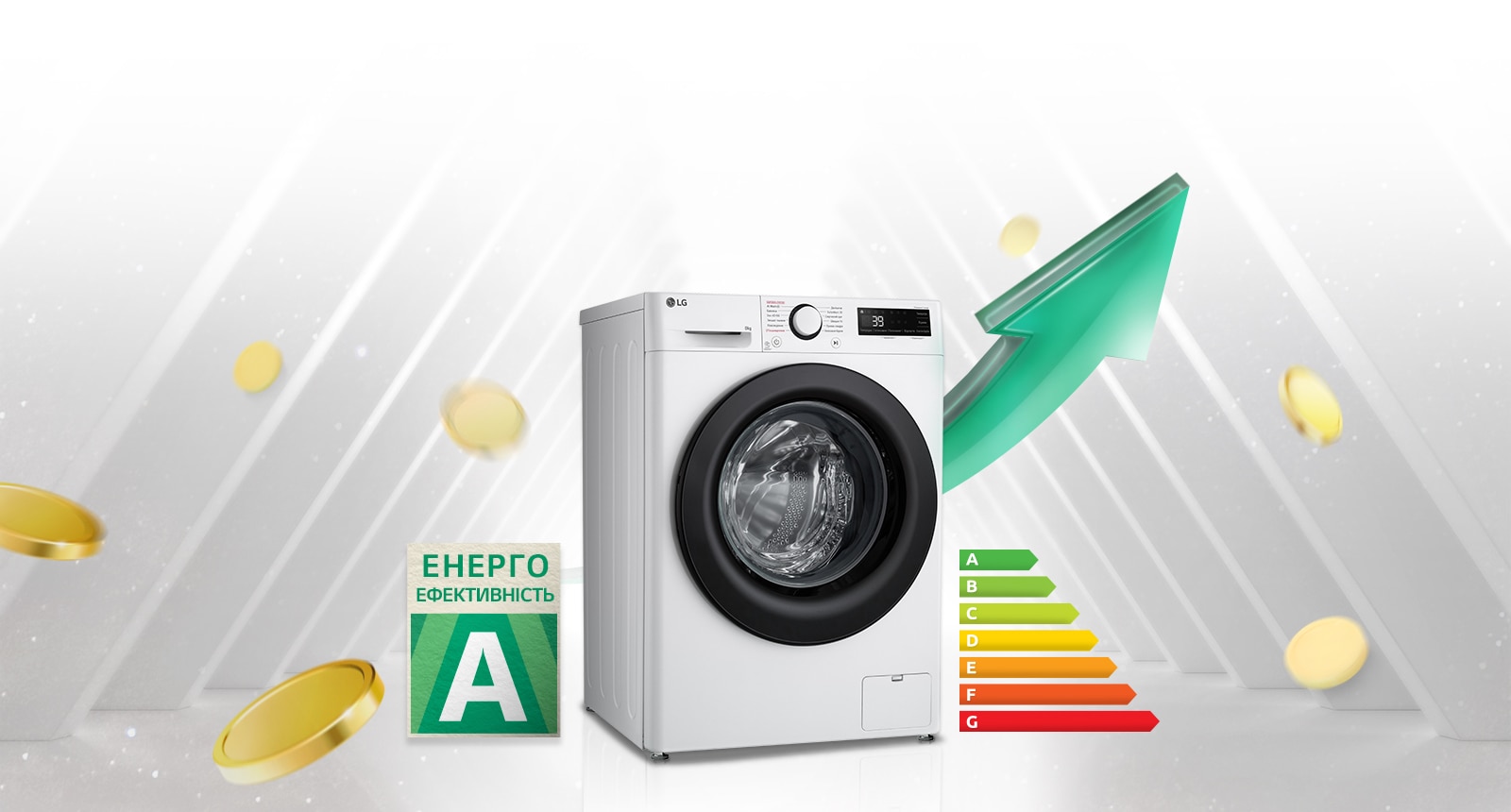 Поруч із пральною машиною розміщено табличку з рейтингом енергоефективності A та графік енергоспоживання. Позаду пральної машини з’являється зелена стрілка вгору.