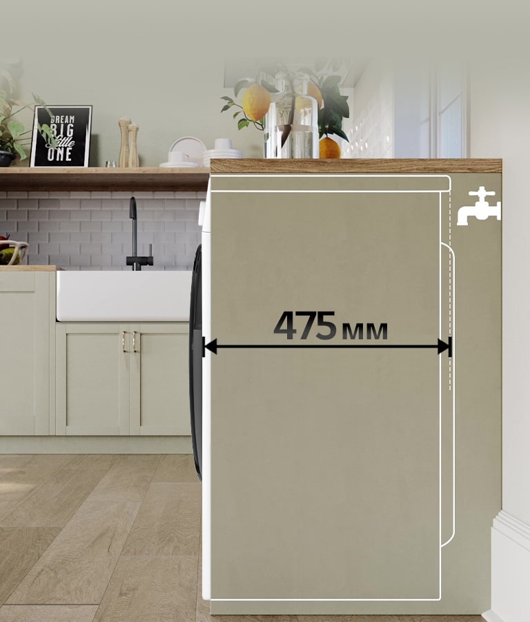Зображення інтерёєру кухні з пральною машиною, що повернута боком. Схематичне зображення глибини пральної машини плавно зменшується до 475мм, а сама пральна машина майже повністю ховається за стінкою шафи.