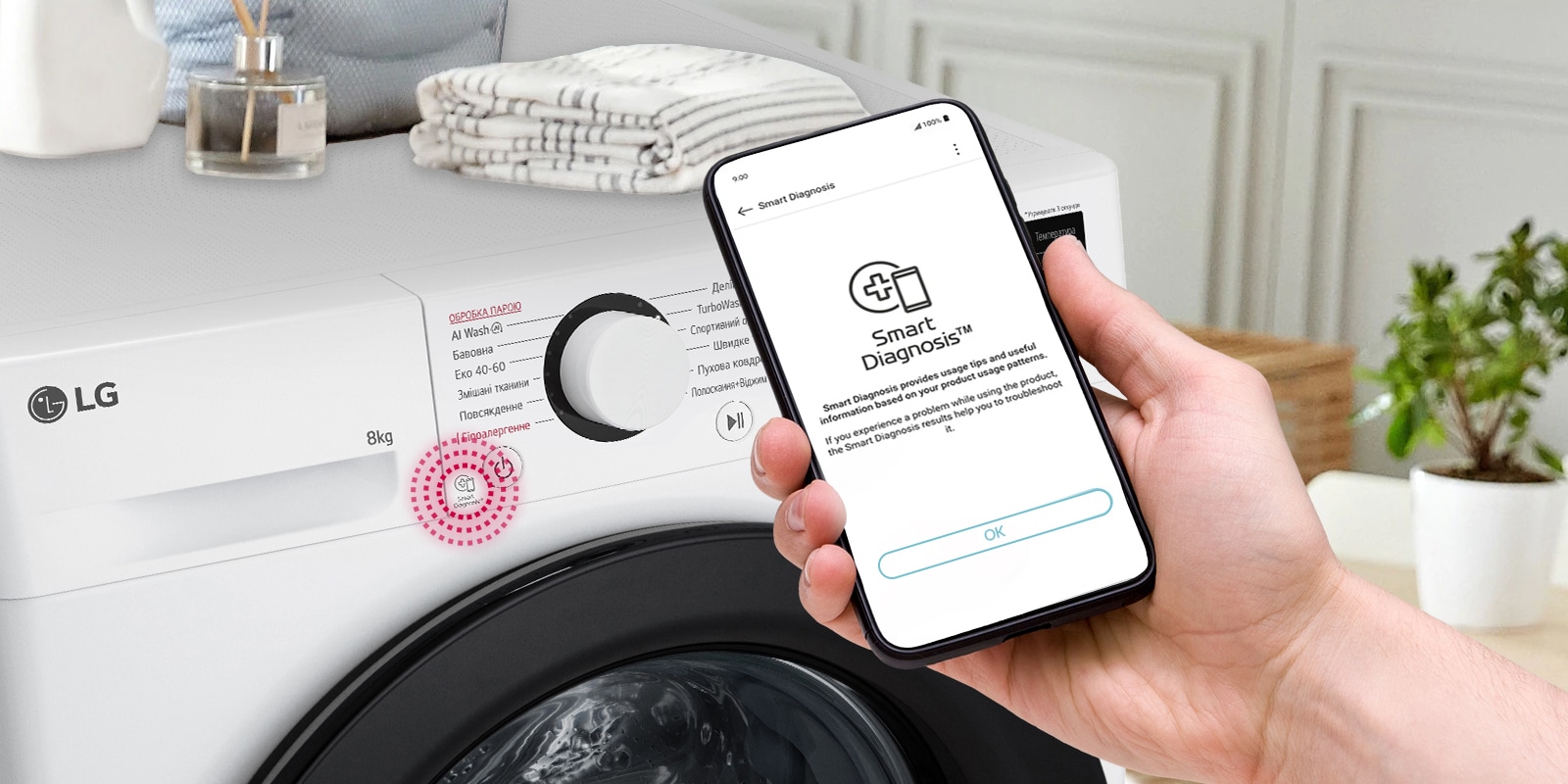 Поруч із пральною машиною розміщено табличку з рейтингом енергоефективності A та графік енергоспоживання. Позаду пральної машини з’являється зелена стрілка вгору.