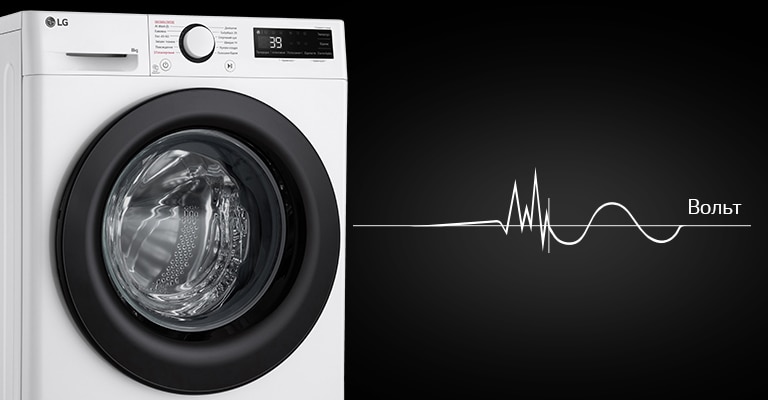Зображено пральну машину ліворуч на темному фоні, від якої схематично йде синусоїда з позначенням рівня напруги праворуч.