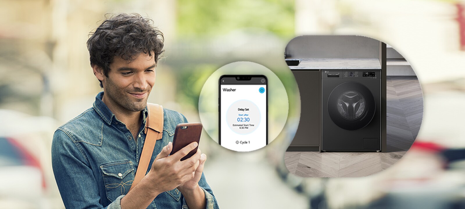 Чоловік, який дистанційно керує пральною машиною через додаток ThinQ
