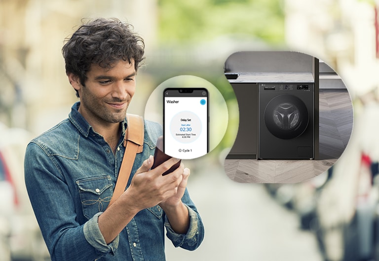 Чоловік, який дистанційно керує пральною машиною через додаток ThinQ