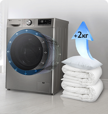 Зображено пральну машину в інтерёєрі квартири та поруч з нею стос із ковдр та подушок і стрілка синього кольору, спрямована догори, на якій написано 