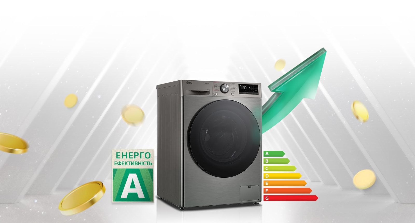 Поруч із пральною машиною розміщено табличку з рейтингом енергоефективності A та графік енергоспоживання. Позаду пральної машини з’являється зелена стрілка вгору.