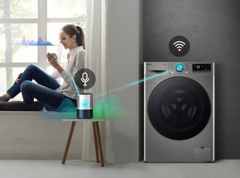 Жінка сидить у вікні, тримаючи напій. Вона розмовляє зі спікером ШІ за допомогою лінії від неї до спікера та звукової хвилі біля її обличчя. Потім динамік штучного інтелекту підключається до пральної машини, зображеної лінією та звуковими хвилями.