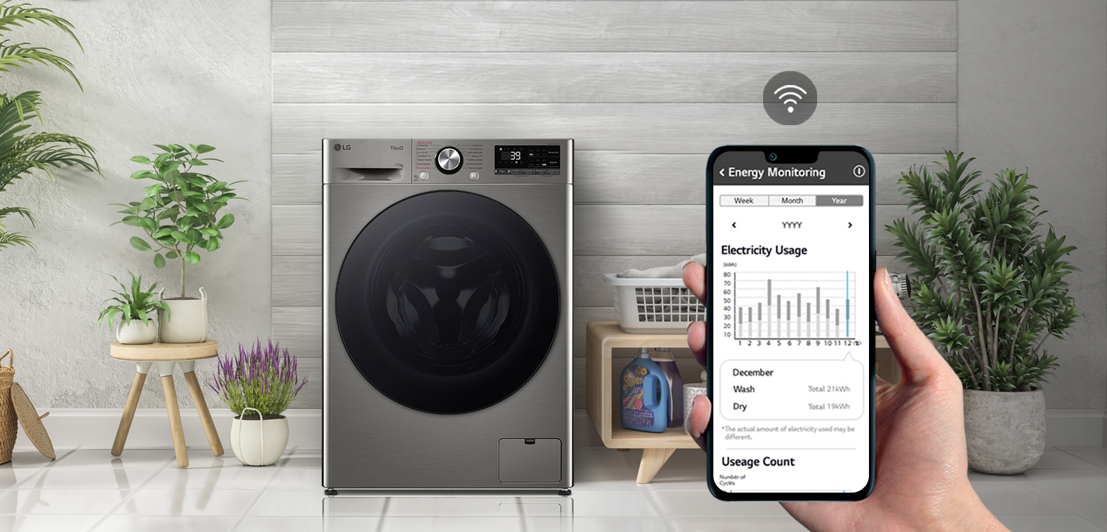 Пральна машина стоїть у пральні. Рука, яка тримає телефон, показує екран камері, а на екрані відображається інформація про технічне обслуговування та споживання енергії з символом WiFi над екраном.