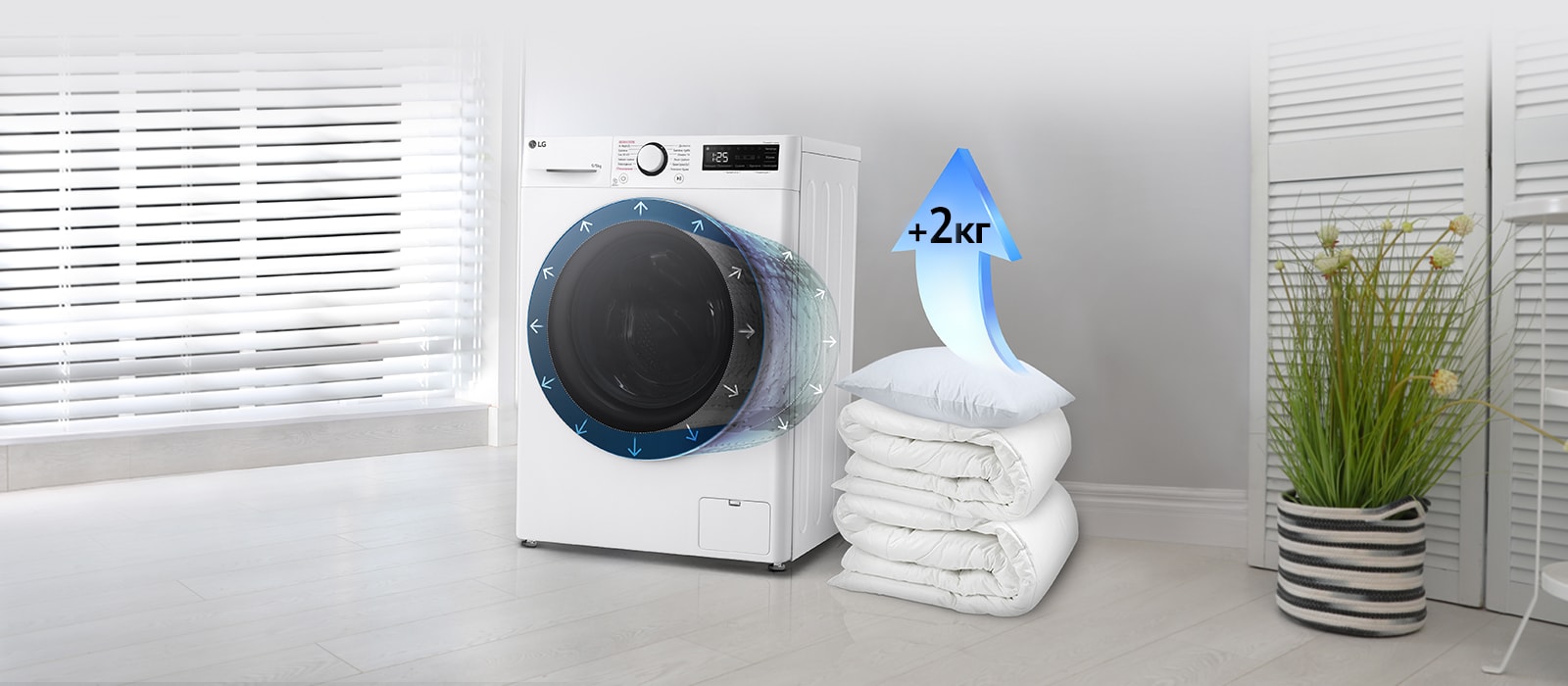 Зображено пральну машину в інтерёєрі квартири та поруч з нею стос із ковдр та подушок і стрілка синього кольору, спрямована догори, на якій написано "+2 кг"