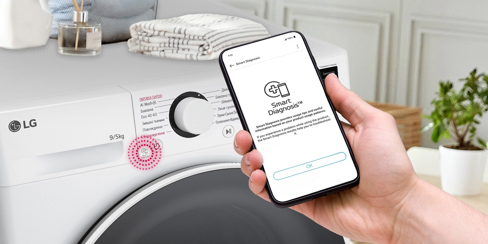 Поруч із пральною машиною розміщено табличку з рейтингом енергоефективності A та графік енергоспоживання. Позаду пральної машини з’являється зелена стрілка вгору.