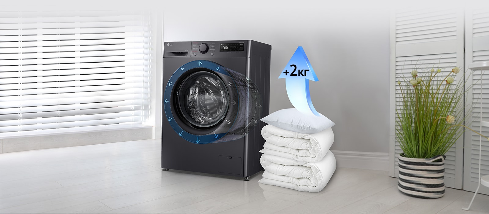 Зображено пральну машину в інтерёєрі квартири та поруч з нею стос із ковдр та подушок і стрілка синього кольору, спрямована догори, на якій написано "+2 кг"