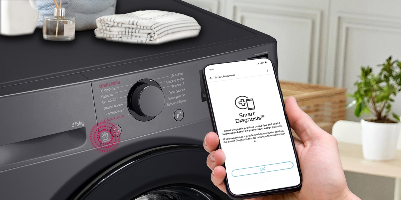 Поруч із пральною машиною розміщено табличку з рейтингом енергоефективності A та графік енергоспоживання. Позаду пральної машини з’являється зелена стрілка вгору.