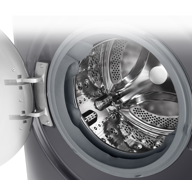 Внутрішнє зображення пральної машини, де можна побачити підйомник з нержавіючої сталі.