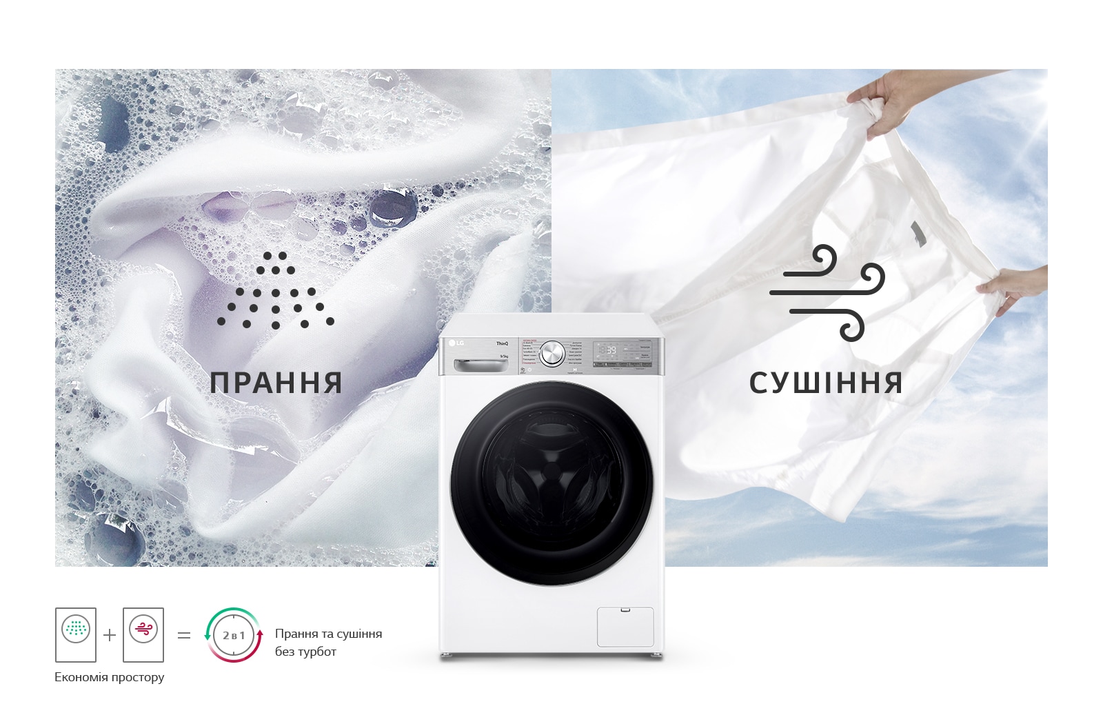 Зображення прально-сушильної машини LG 2в1, яка поєднує функції прання та сушки. Ліва частина ілюструє прання з піною та тканиною, права — сушку на фоні блакитного неба.