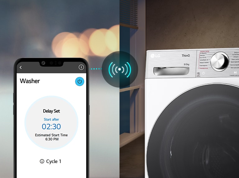 На зображенні ліворуч зображено чоловіка, який дивиться на свій телефон. На зображенні праворуч показана пральна машина вдома із зеленим світлом на дисплеї. У центрі двох зображень на екрані телефону, на якому зображено пральну машину в додатку LG ThinQ і значок підключення.