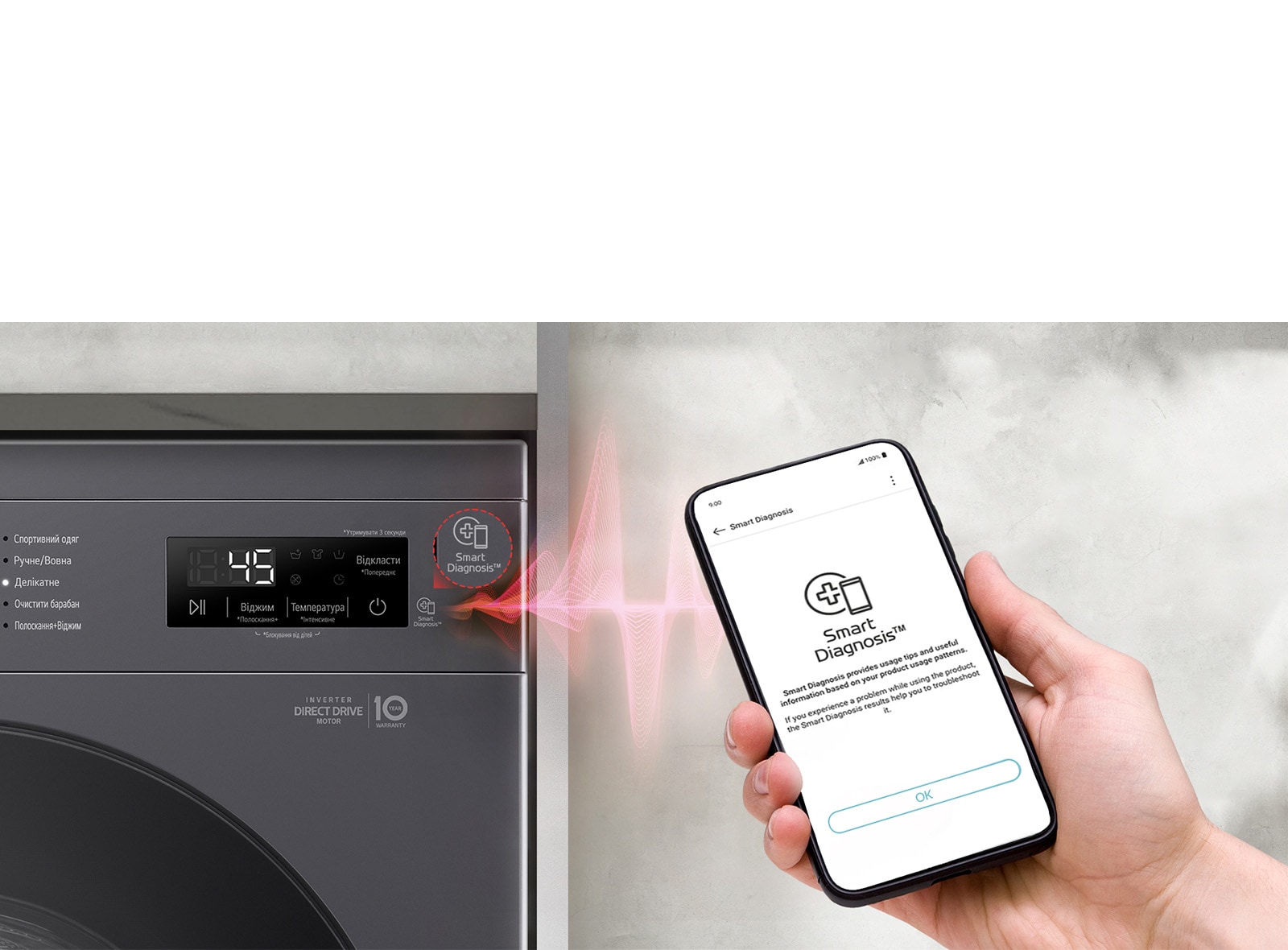 Smart Diagnostics™ дозволяє перевірити наявність проблем з пральною машиною за допомогою смартфону