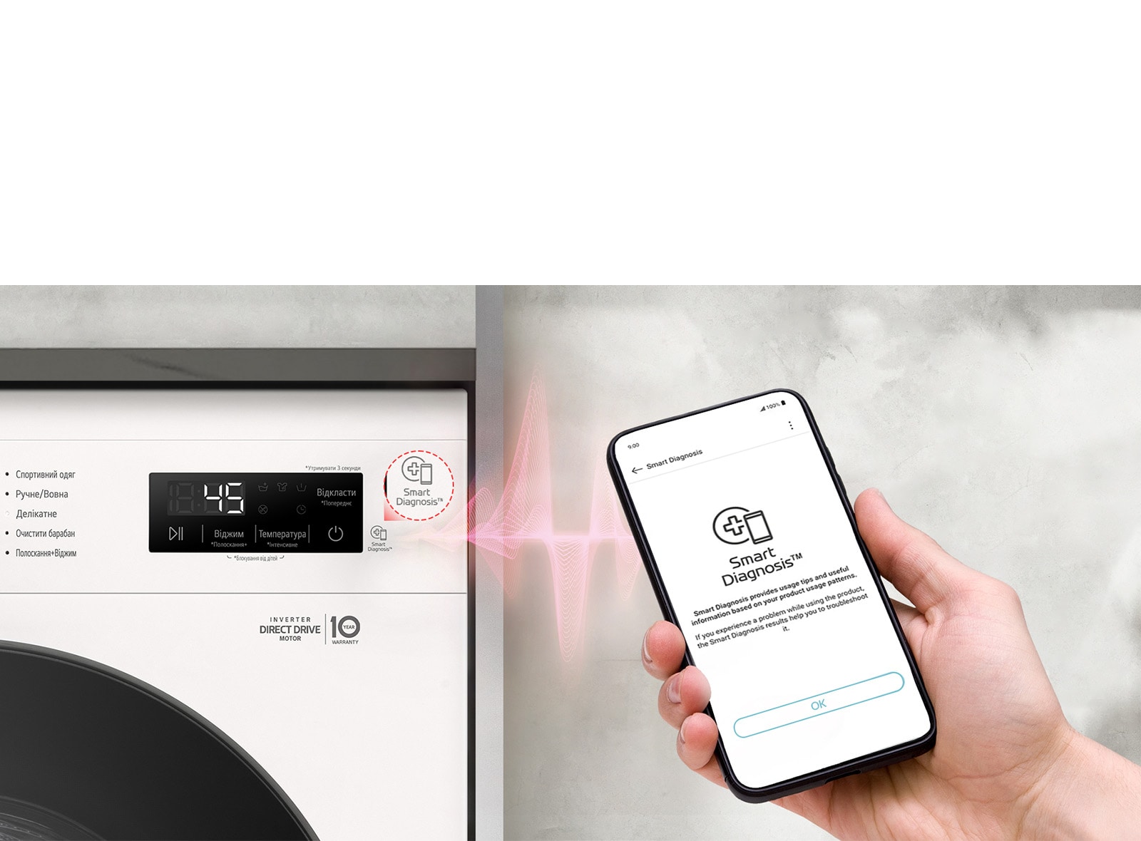 Smart Diagnostics™ дозволяє перевірити наявність проблем з пральною машиною за допомогою смартфону