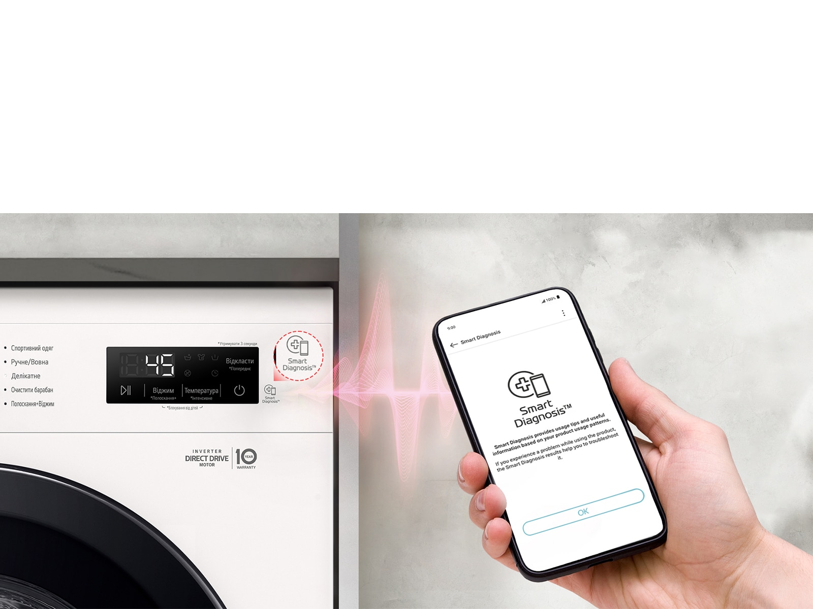 Smart Diagnostics™ дозволяє перевірити наявність проблем з пральною машиною за допомогою смартфону
