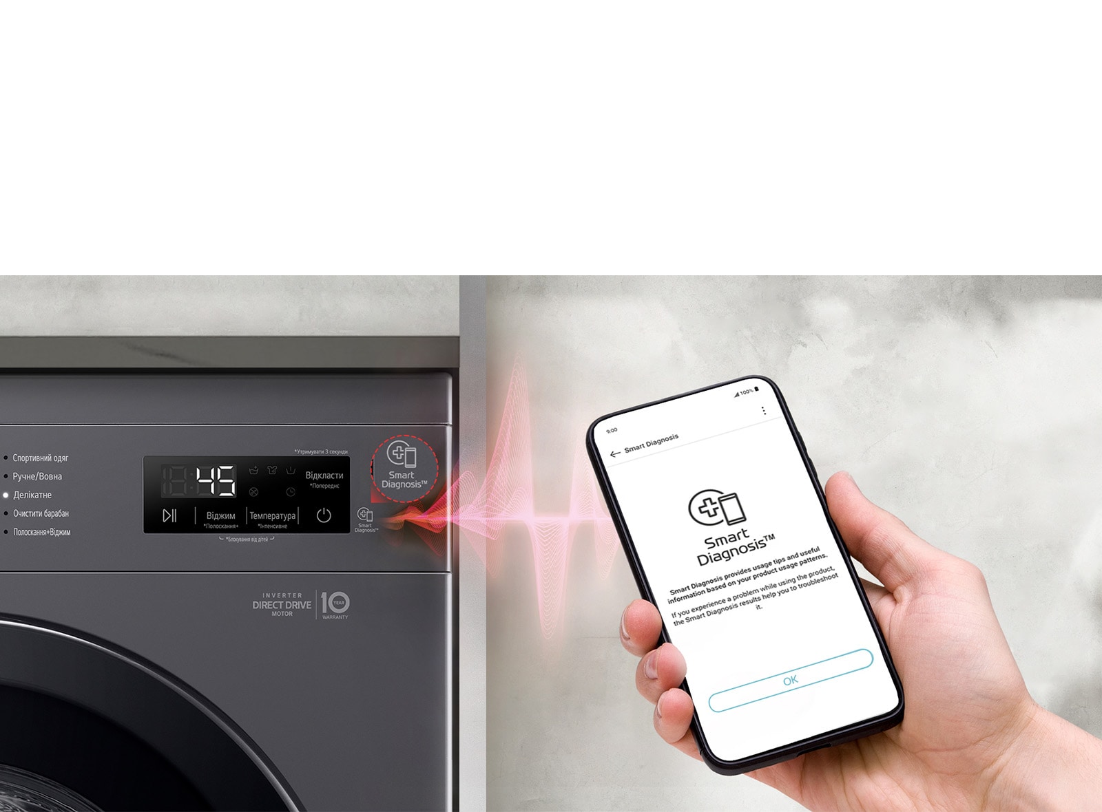 Smart Diagnostics™ дозволяє перевірити наявність проблем з пральною машиною за допомогою смартфону
