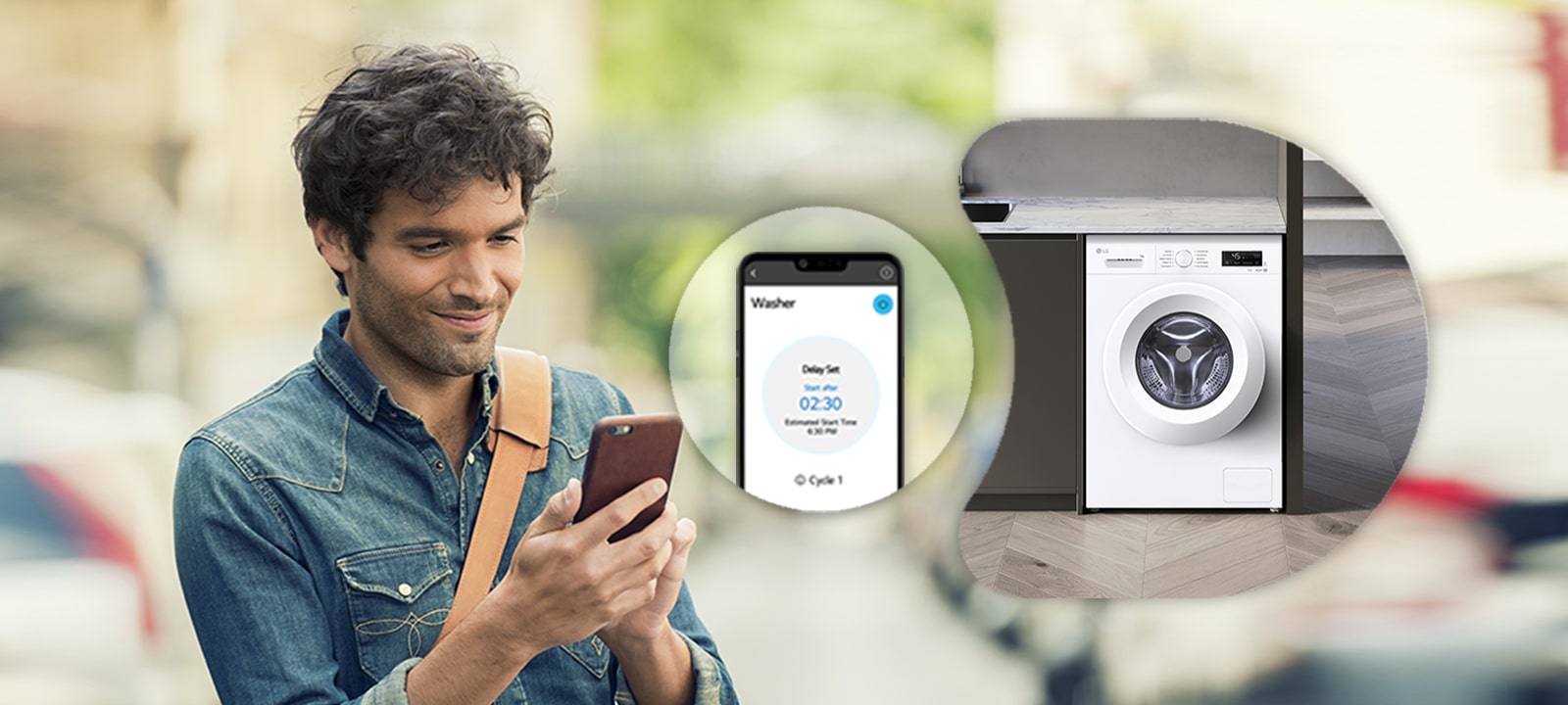 Чоловік, який дистанційно керує пральною машиною через додаток ThinQ