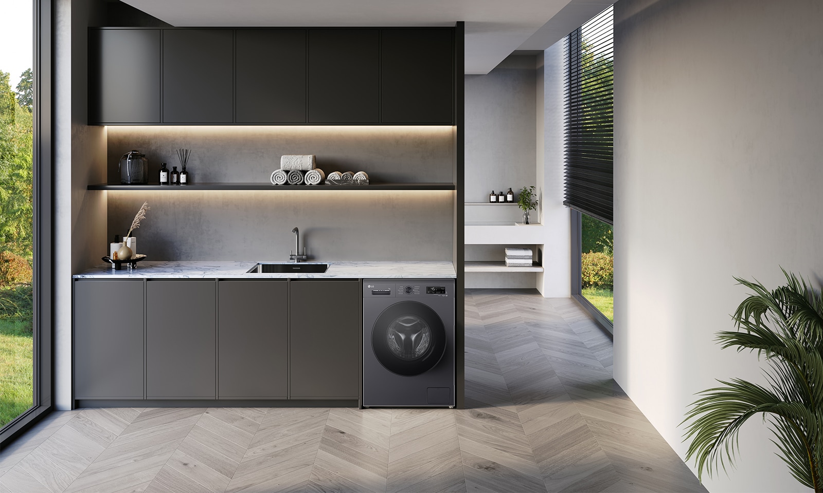 Зображено пральну машину посеред інтер'єру