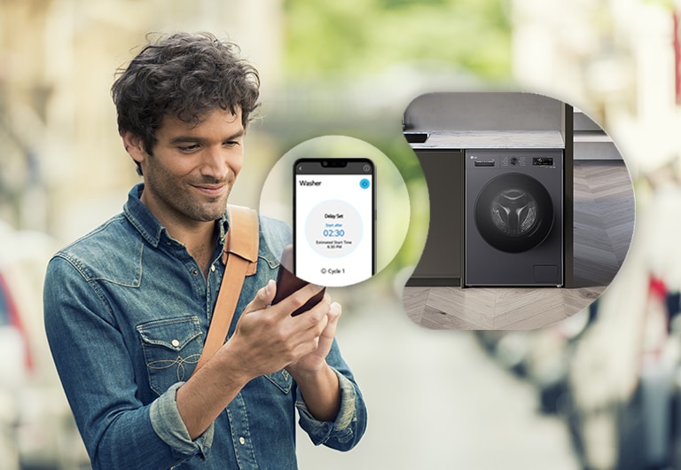 Чоловік, який дистанційно керує пральною машиною через додаток ThinQ