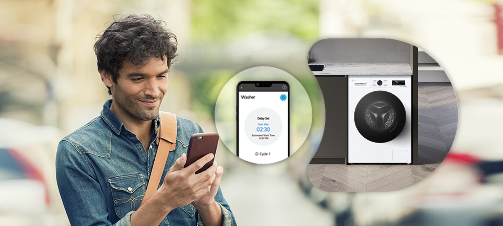 Чоловік, який дистанційно керує пральною машиною через додаток ThinQ