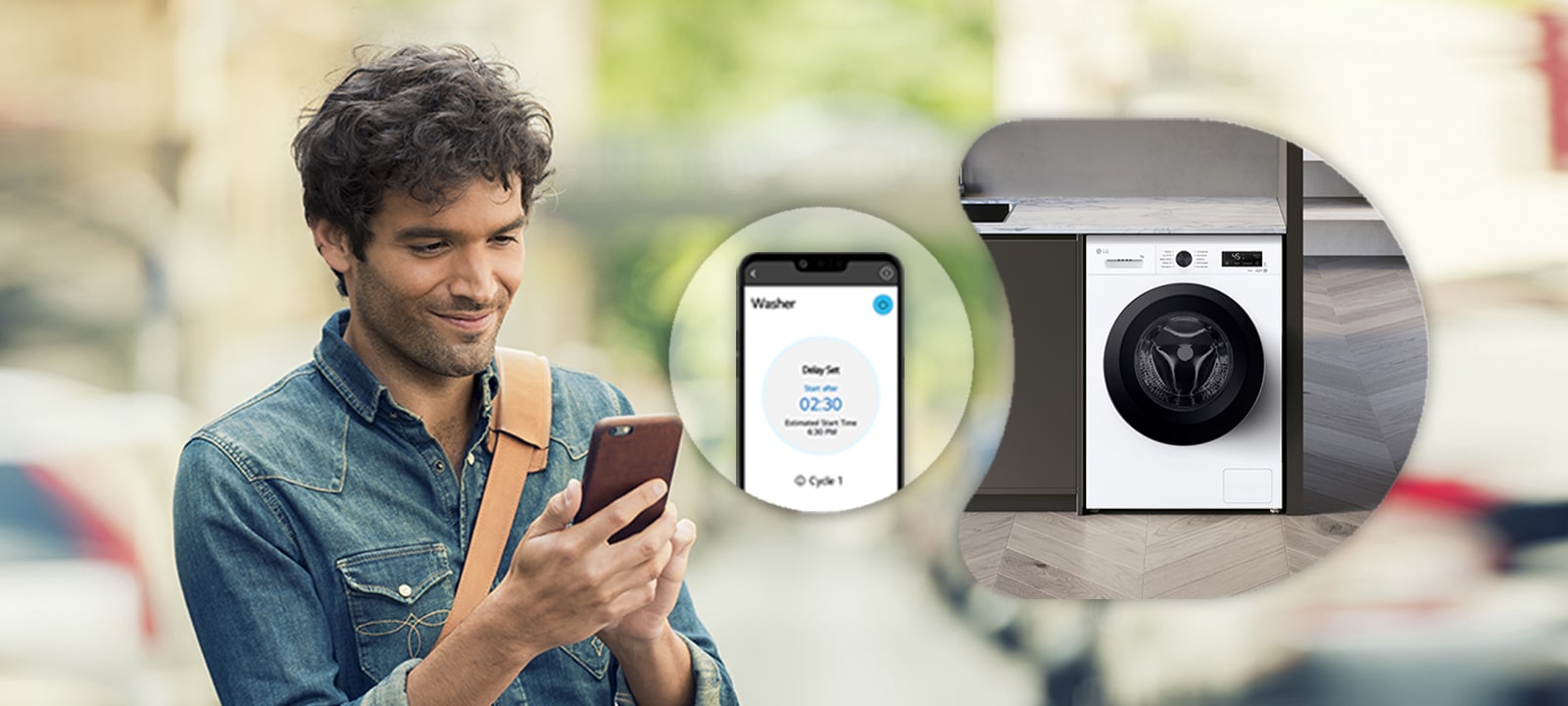Чоловік, який дистанційно керує пральною машиною через додаток ThinQ