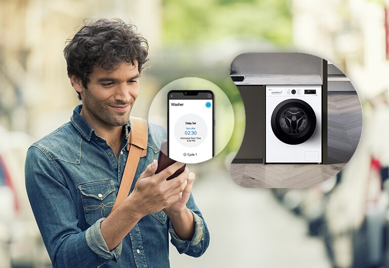Чоловік, який дистанційно керує пральною машиною через додаток ThinQ