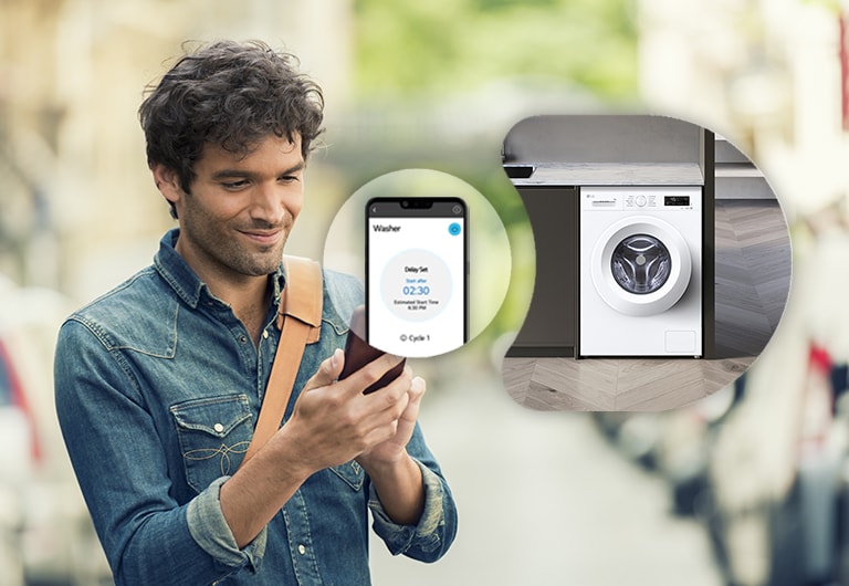Чоловік, який дистанційно керує пральною машиною через додаток ThinQ